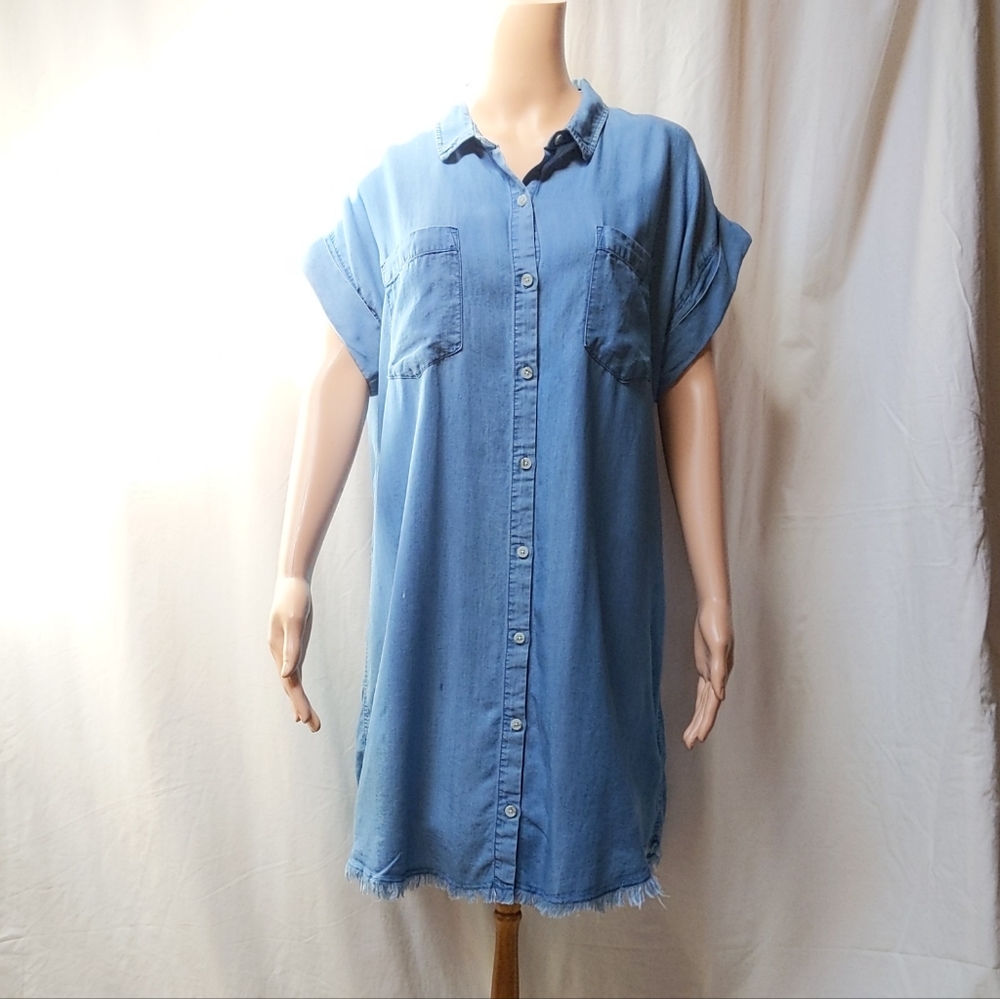 Thread & Supply Denim Shirt Dress / XL /Blue Chambray Frayed / Short Sleeve